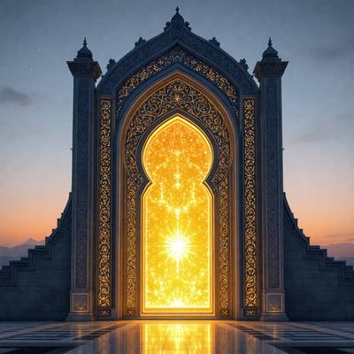 The primary subject of the image is a large, ornate archway with a golden sun shining through it. The archway is part of a palace, and the setting is a beautiful, intricate design. The visual style of the image is digital art, and the colors and mood are warm and inviting.